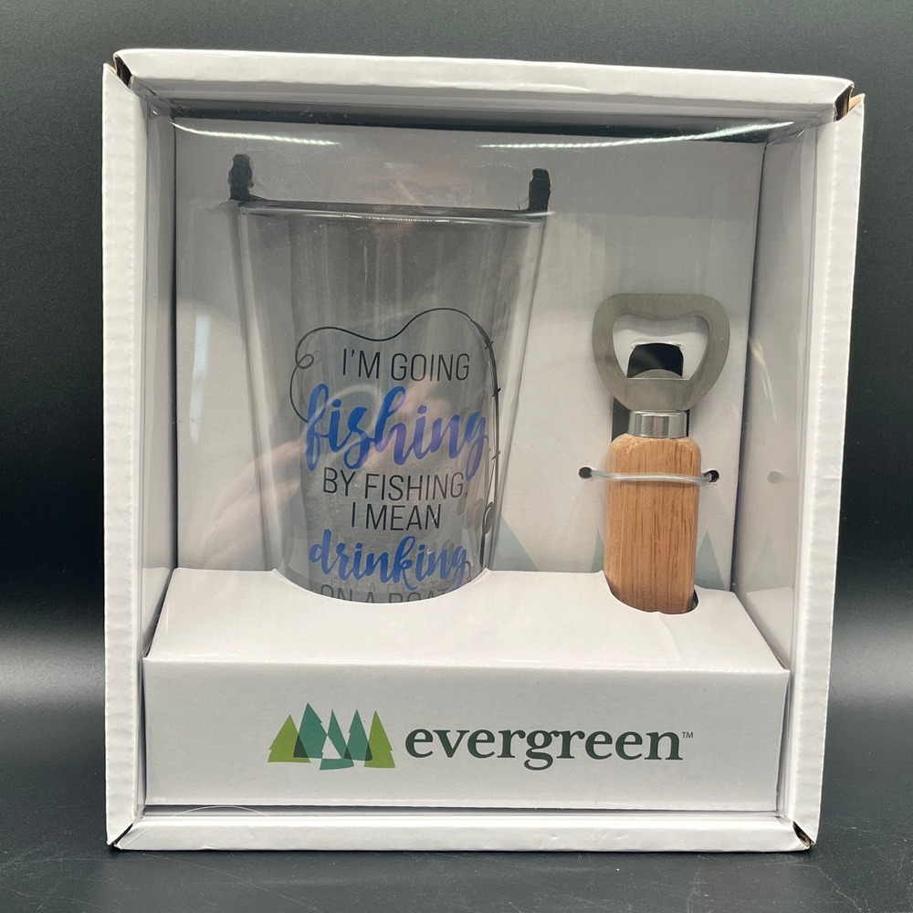 Evergreen Fishing Pint Glass Wood Bottle Opener Gift Set Drinking On A Boat‎ NIB